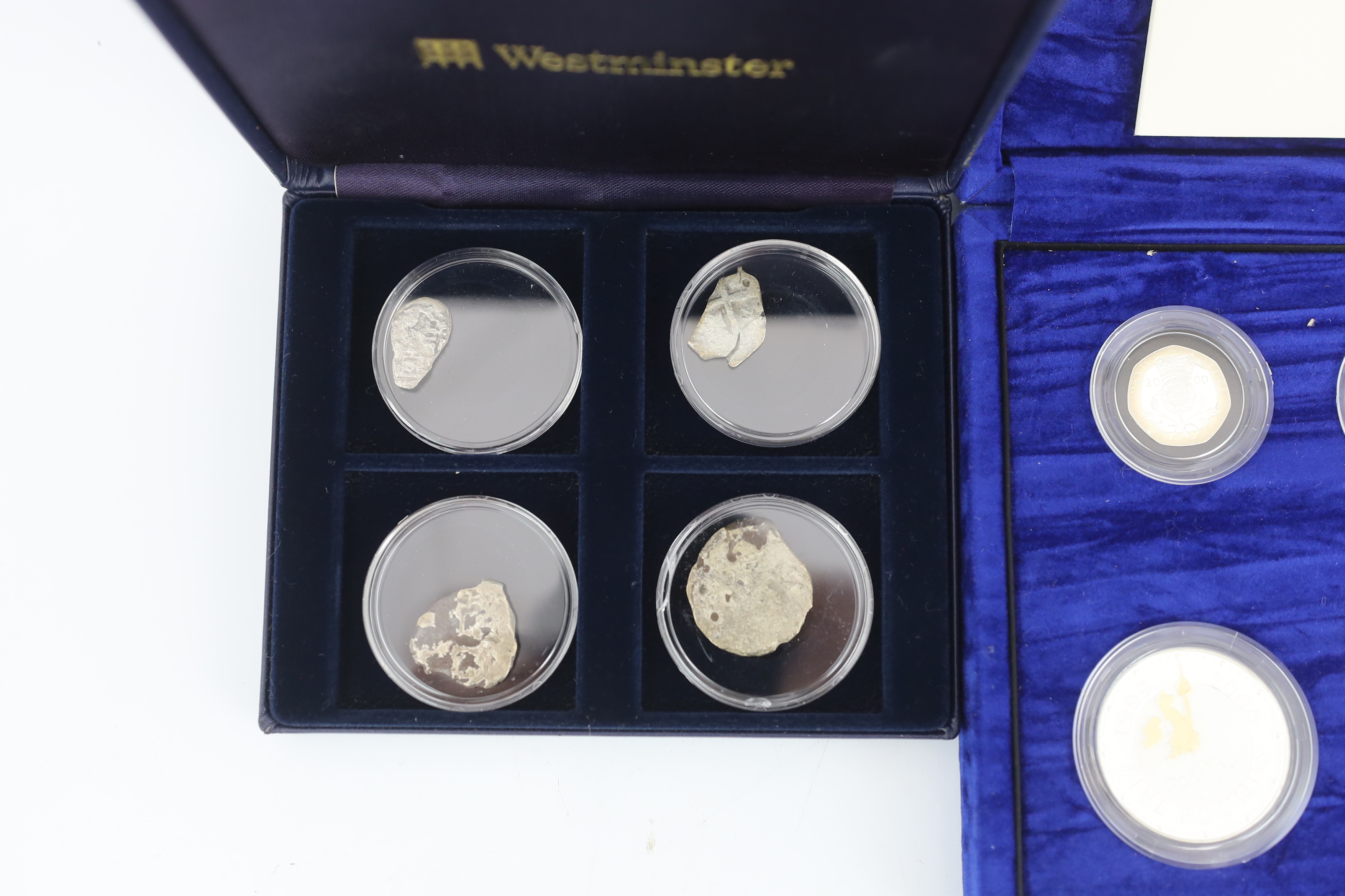 QEII Royal Mint proof coins – the United Kingdom millennium silver collection five pence to five pounds with Maundy 1p to 4p , two millennium silver proof crowns and a 1997 silver proof two pound coin, together with West